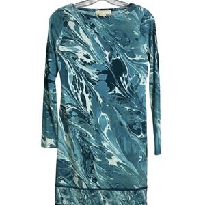 Michael Kors Stretchy Teal and White Marble Ocean Swirl Patterned Fabric Size S